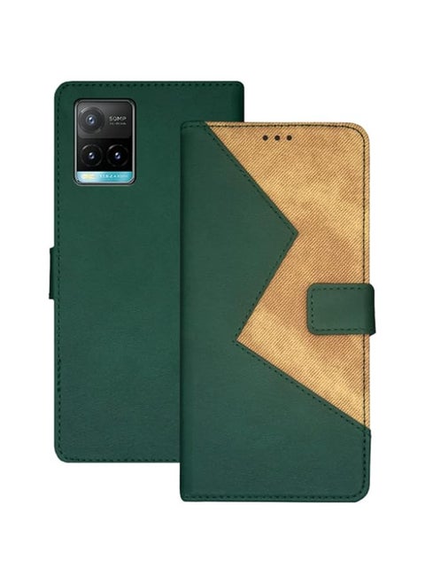 Wallet case Stand Cover for Vivo Y33S -Magnetic Closure, Hand-made Hit Color Leather Case for Vivo Y33S（with Lanyard）-Green