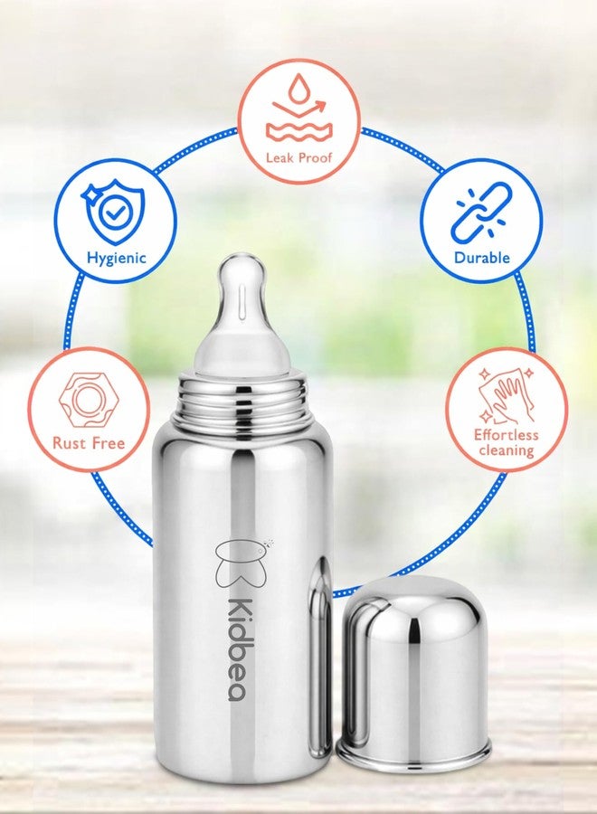 Kidbea Newborn Baby Feeding Bottle 250ml with Extra 2 Anti-Colic Silicon Nipples | BPA Free, Leak Proof, Food Grade Steel | Milk Feeder for Infants - Image 2