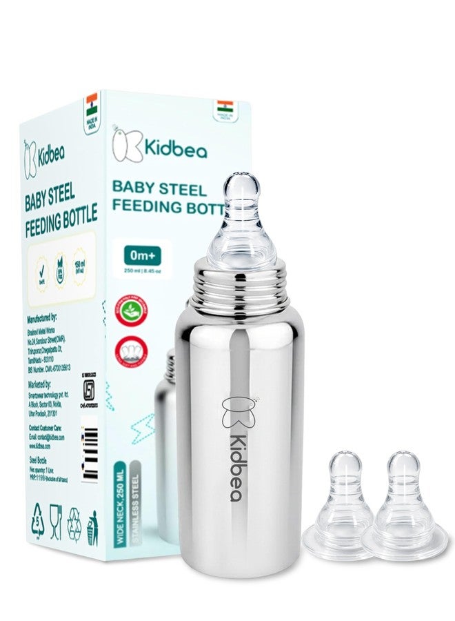 Kidbea Newborn Baby Feeding Bottle 250ml with Extra 2 Anti-Colic Silicon Nipples | BPA Free, Leak Proof, Food Grade Steel | Milk Feeder for Infants - Image 1