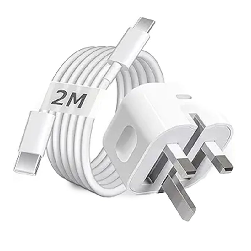 إكس واي إكس مجموعة شاحن سريع بقدرة 20 واط للمملكة المتحدة - شاحن حائط USB‑C بتقنية PD3.0 مع كابل Type‑C، محول شحن سريع لأجهزة iPhone 16 و15 و14 و13 و12 Pro Max، وأجهزة iPad، وسامسونج - طول الكابل 2 متر، عدد 2 قطعة - Image 2