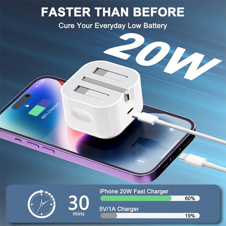 إكس واي إكس مجموعة شاحن سريع بقدرة 20 واط للمملكة المتحدة - شاحن حائط USB‑C بتقنية PD3.0 مع كابل Type‑C، محول شحن سريع لأجهزة iPhone 16 و15 و14 و13 و12 Pro Max، وأجهزة iPad، وسامسونج - طول الكابل 2 متر، عدد 2 قطعة - Image 3