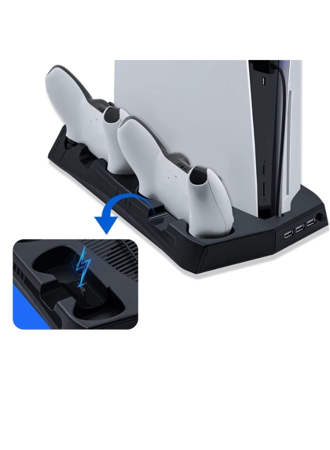 مقعد عمودي لـ Playstation 5 مع محطة شحن مروحة التبريد لـ PS5 Digital Edition / Ultra HD Console مع جهاز تحكم شاحن لعبة رف تخزين منظم موانئ USB لـ PS5 و DualSense - Image 2