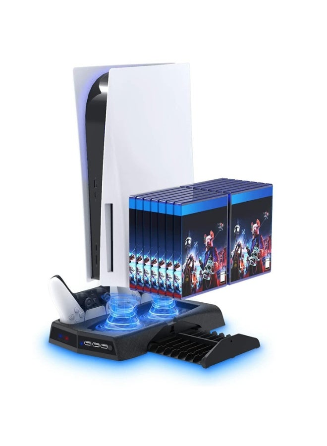 مقعد عمودي لـ Playstation 5 مع محطة شحن مروحة التبريد لـ PS5 Digital Edition / Ultra HD Console مع جهاز تحكم شاحن لعبة رف تخزين منظم موانئ USB لـ PS5 و DualSense - Image 1