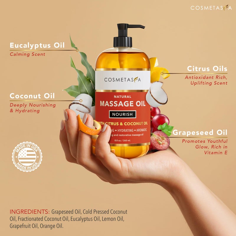 Cosmetasa Natural Nourishing Massage Oil with Massage Roller Ball - Therapeutic Citrus & Coconut Massage Oils with Rejuvenating, Hydrating & Aromatic Essential Oils for Dry Skin, Soothes Muscle & Joints 8.8 oz - Image 2