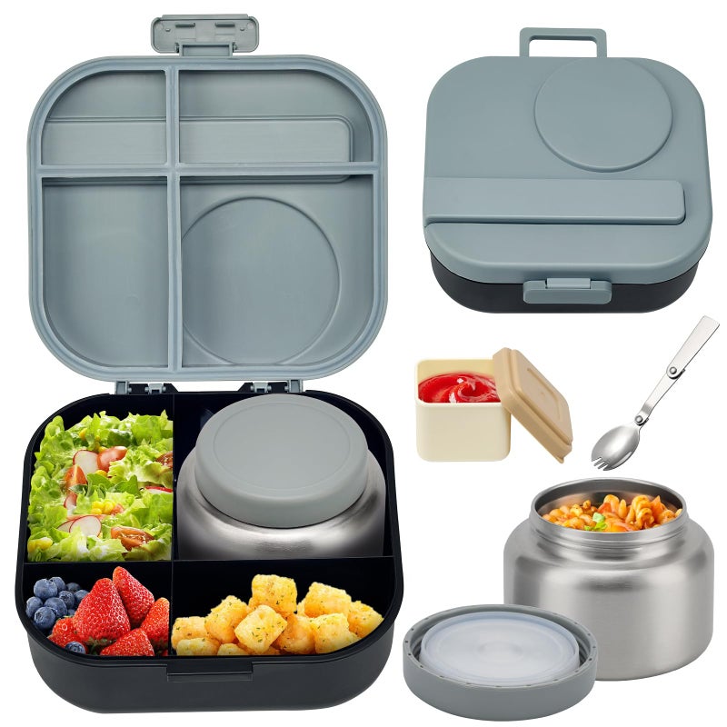 BOSEDSANG Bento Lunch Box for Kids with 12oz Soup Thermo4 Compartments Lunch Box Containers Kids SpoonSauce Jar BPA FreeLeak proofInsulated Food Jar for TravelBlack