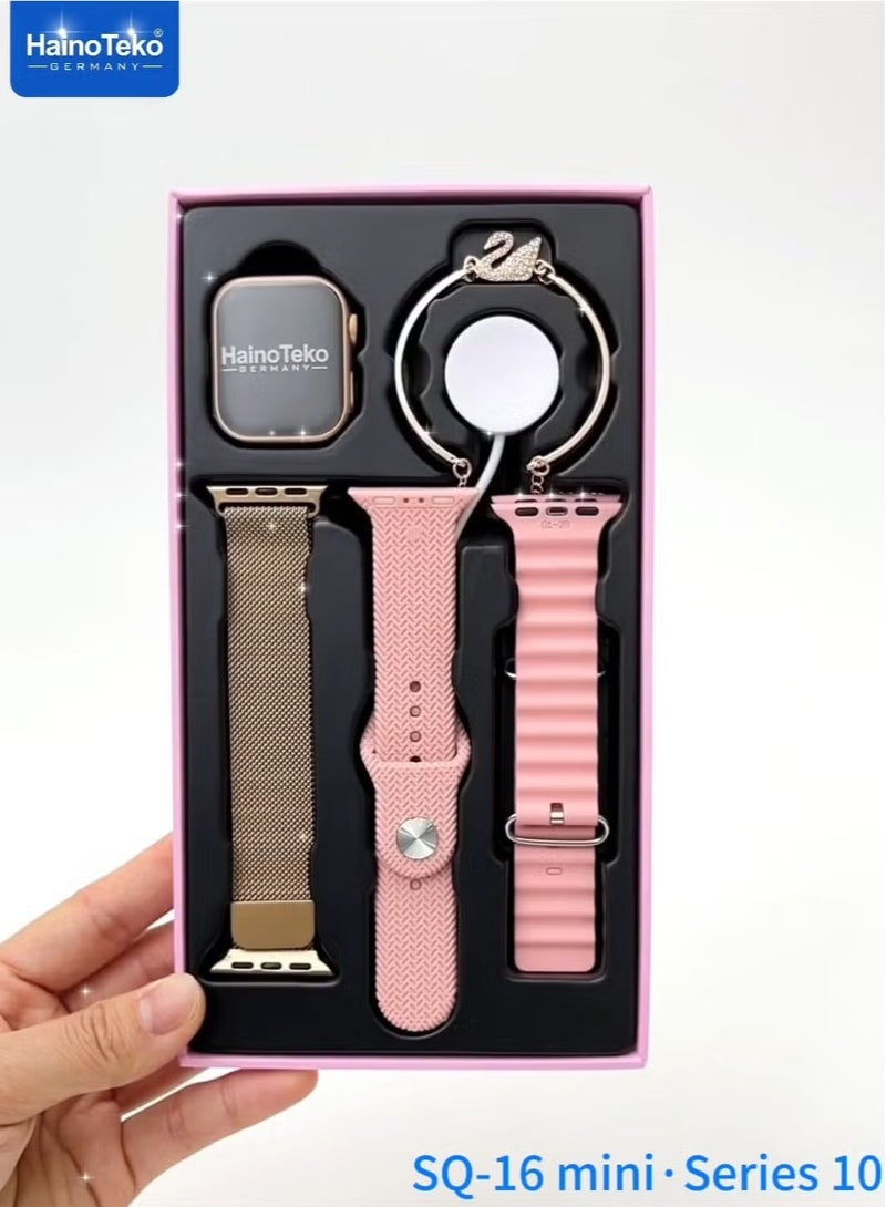 Haino Teko SQ-16 Mini Series 10 AMOLED Display Smart Watch with Stylish Bracelet, 3 Pairs of Straps, and Charging Cable – Designed for Ladies – Gold - Image 5