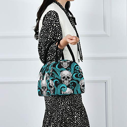 ZzWwR Stylish Skull Turquoise Octopus Tentacles Reusable Lunch Tote Bag with Front Pocket Zipper Closure Insulated Thermal Cooler Container Bag for Man Women Work Picnic Travel Beach Fishing - Image 4