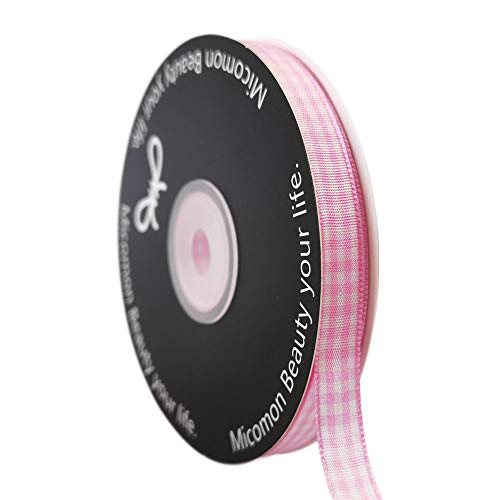 Micomon Pink Gingham Plaid Checked Ribbon 25 Yards Each Roll 100% Polyester (3/8",Pink) - Image 1