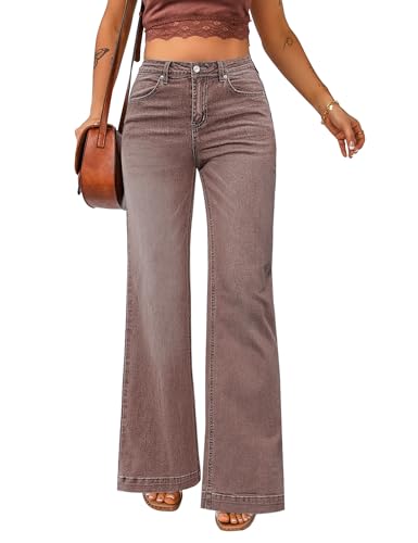 luvamia 2024 Wide Leg Jeans for Women High Waist Stretchy Classic Baggy Flare Jeans Denim Pants Pecan Brown Size Large US Size 12 to Size 14 - Image 1