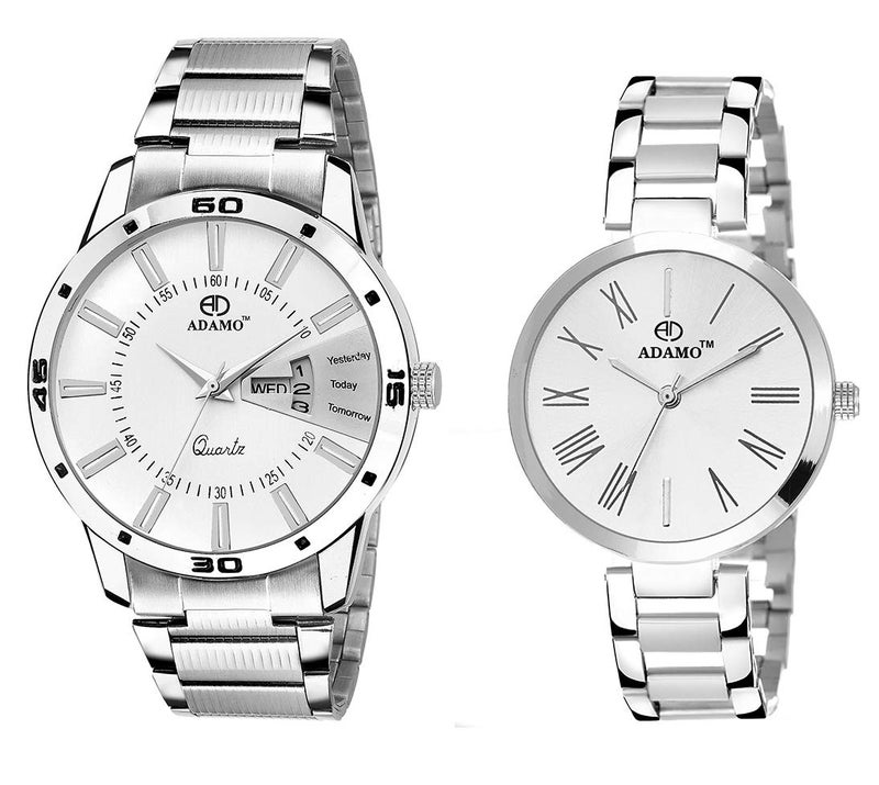 ADAMO Stainless Steel Couple Combo White Dial Men's & Women's Analog Watch A814Sm01-2480Sm01 - Image 1