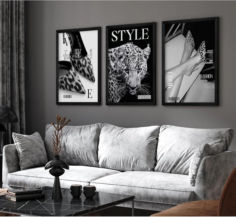 Youillne Black Leopard Wall Art Y2k Cheetah Canvas Wall Decor Fashion Trendy Posters Vintage Aesthetic Pictures Luxury Heels Painting Stockholm Prints for Bedroom Living Room 12x16 Inch Framed Set of 3 - Image 3