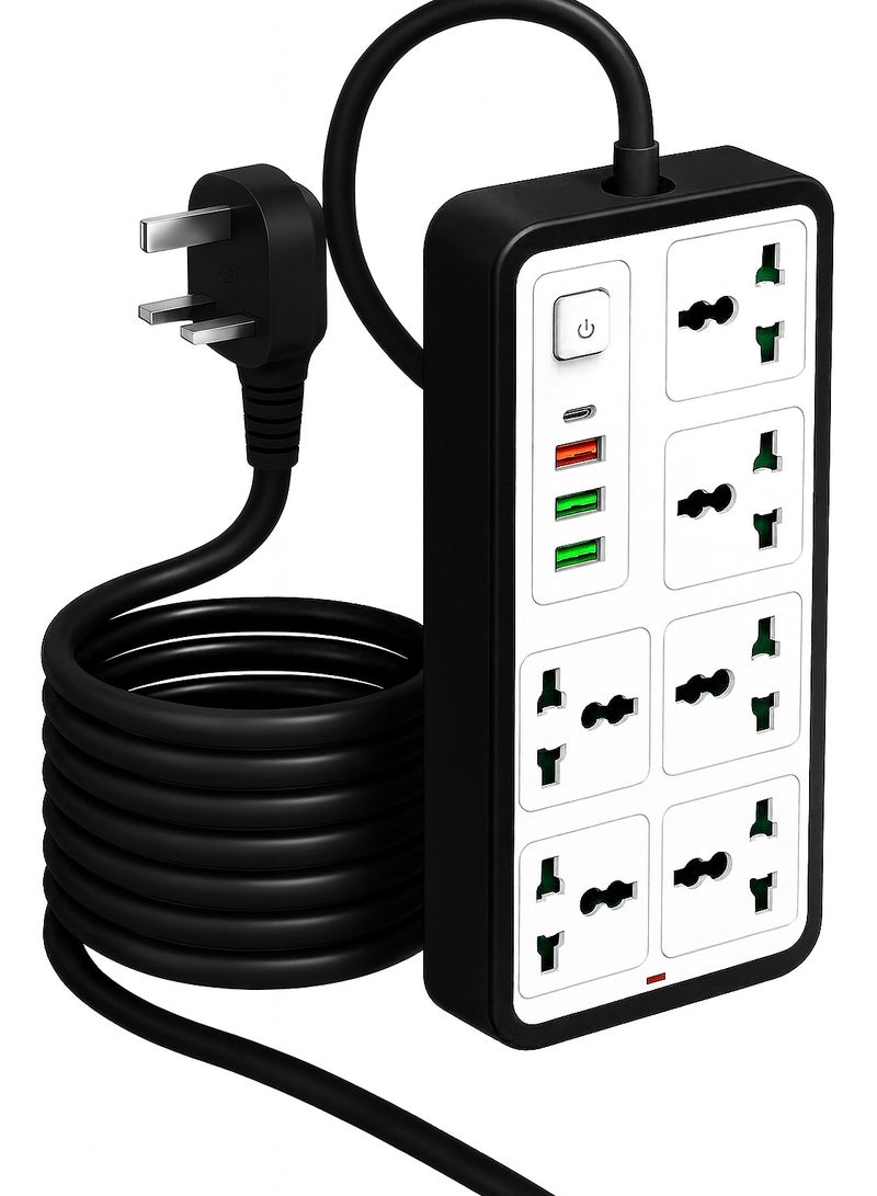 بانفيل 6 وصلة مقبس طاقة متحركة 3 منافذ USB 1 نوع C مع حماية الطفل | 2 متر | الاستخدام المنزلي والمكتبي | جودة عالية | سهل الحمل | 10 أ | 220 فولت | 2500 واط (أبيض) - Image 1