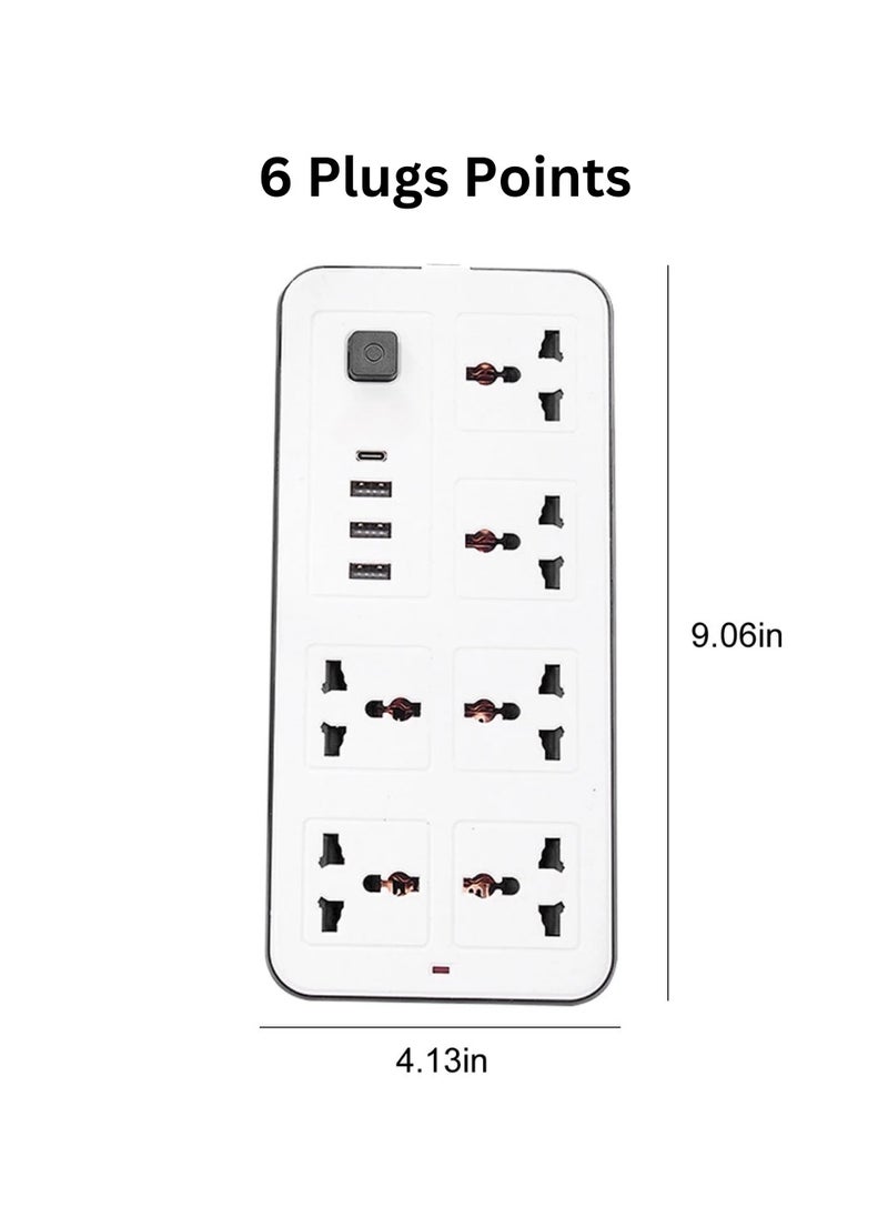 Panvil - 6 Power Movable Socket Extension 3 USB Port 1 C Type with Child Protection | 2 Meter | Home and Office Use | High Quality | Easy to Carry | 10A | 220V | 2500W (White) - Image 1