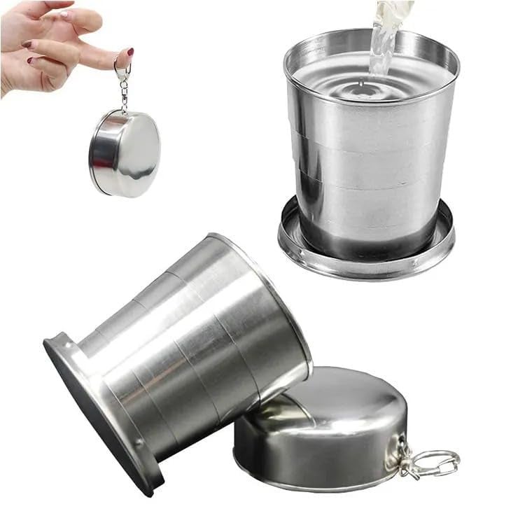 MBKOH Small Foldable Glass Compact Portable Folding Stainless Steel Travel Mug - 120ml Water Cup with Hanging Chain for Camping, Hiking & Outdoor Adventures (Pack of 1) - Image 1