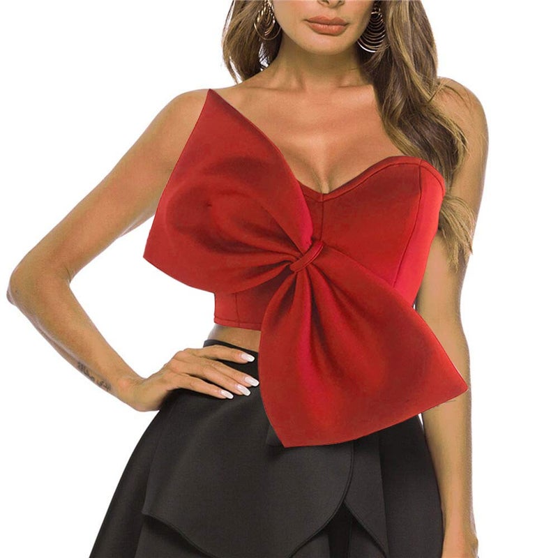 AOMEI Women's Red Bow Tie Tube Tops Bra Strapless Backless Crop Tank Top, S - Image 1