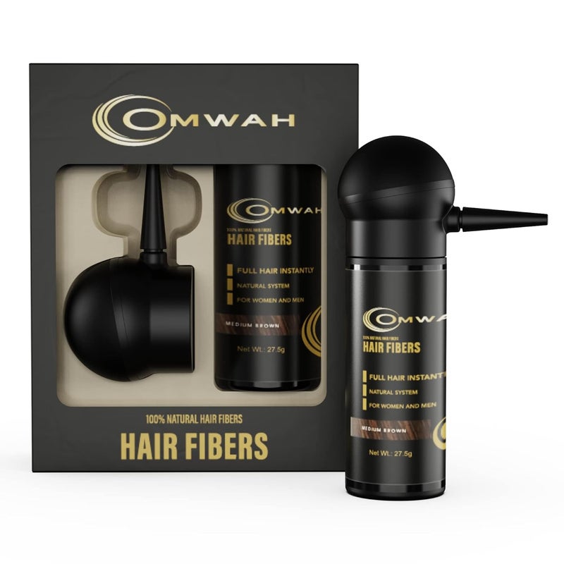 ألياف بناء الشعر OMWAH للشعر الخفيف مجموعة 2 في 1 مع ألياف الشعر ورذاذ تطبيق ألياف الشعر ورذاذ تحسين للحلاقين للرجال والنساء بني متوسط 275 جرام