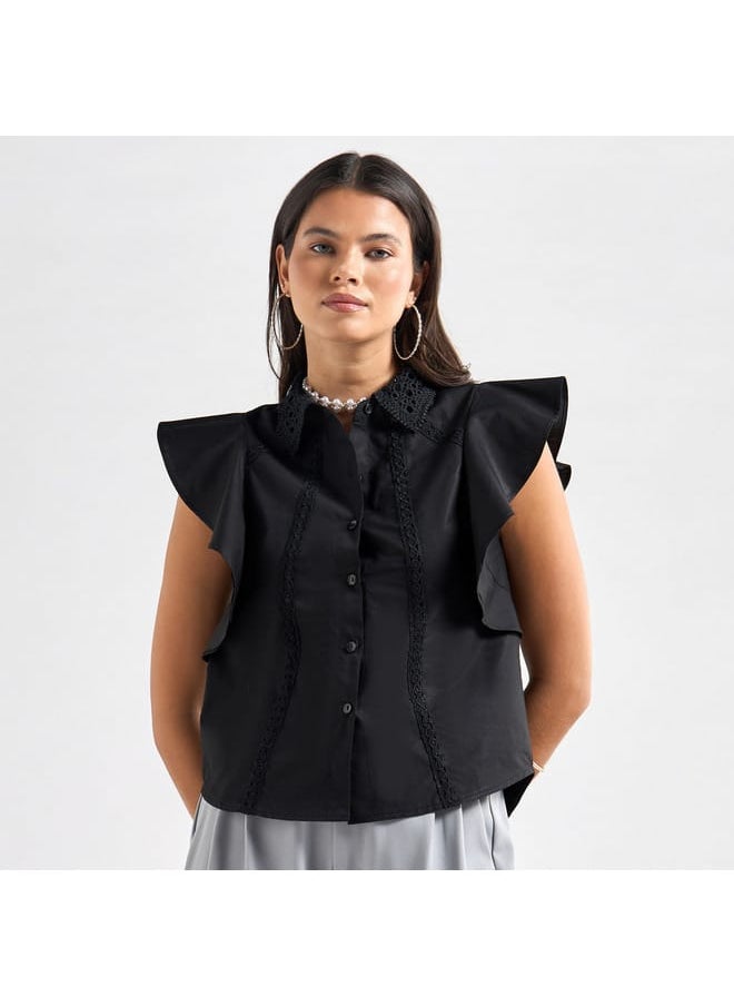 FAV Solid Shirt with Flutter Sleeves and Lace Detail  - Image 1