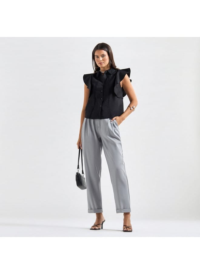 FAV Solid Shirt with Flutter Sleeves and Lace Detail  - Image 2