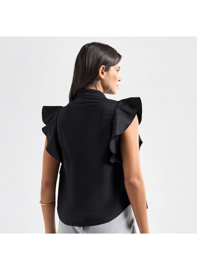 FAV Solid Shirt with Flutter Sleeves and Lace Detail  - Image 3