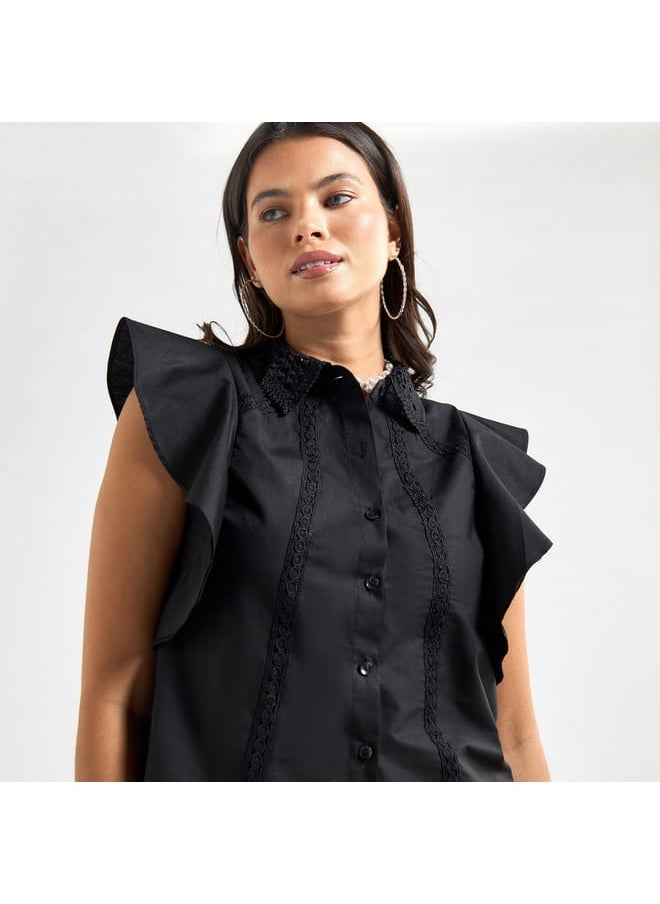 FAV Solid Shirt with Flutter Sleeves and Lace Detail  - Image 4