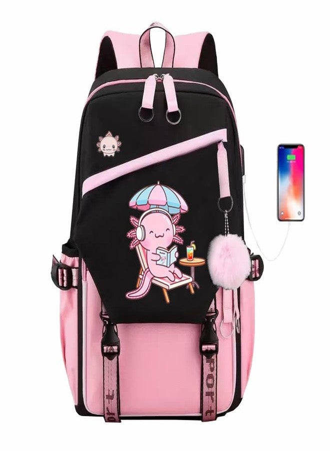 DHUENIOPE Axolotl Backpack 17 Inch Laptop Backpack with USB Charging Port, Water-Resistant Cartoon Backpack Travel Daypack for Work, Outdoor, Gym, Hiking - Image 1