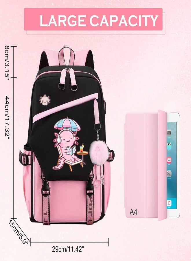 DHUENIOPE Axolotl Backpack 17 Inch Laptop Backpack with USB Charging Port, Water-Resistant Cartoon Backpack Travel Daypack for Work, Outdoor, Gym, Hiking - Image 2