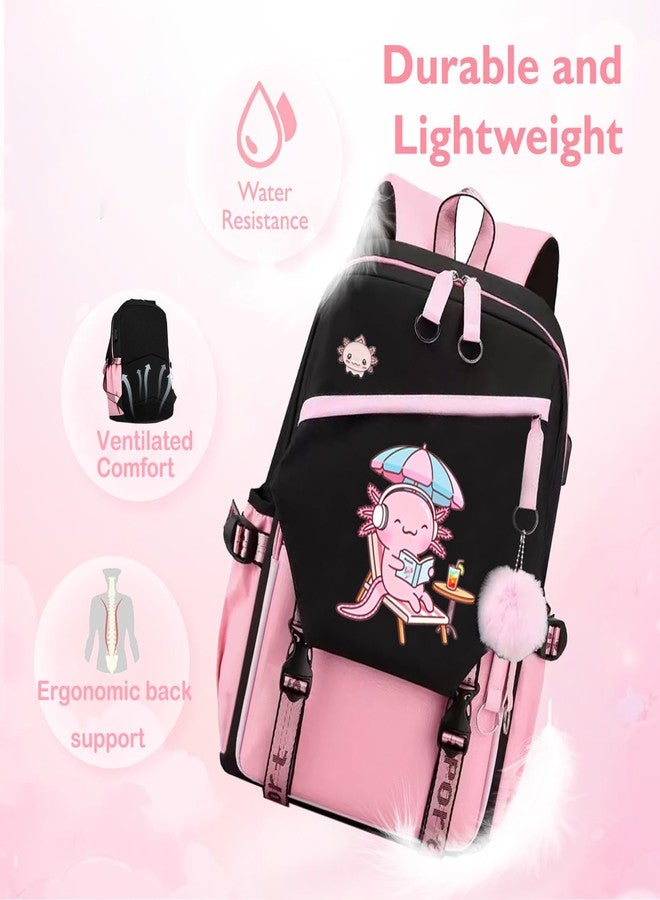 DHUENIOPE Axolotl Backpack 17 Inch Laptop Backpack with USB Charging Port, Water-Resistant Cartoon Backpack Travel Daypack for Work, Outdoor, Gym, Hiking - Image 5