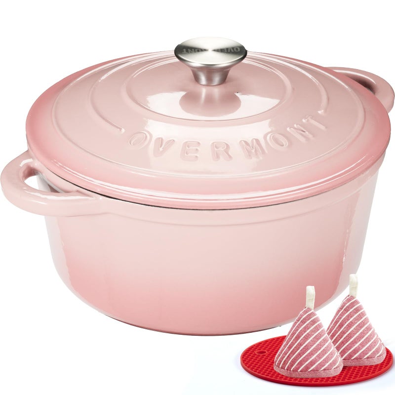 Overmont Enameled Cast Iron Dutch Oven - 4.5QT Pot with Lid Cookbook & Cotton Potholders - Heavy-Duty Cookware for Braising, Stews, Roasting, Bread Baking pink - Image 1