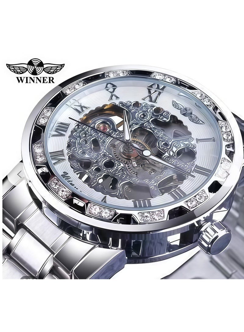 وينر ساعة رجالية أنيقة وعملية بهيكل عظمي يدوي مرصع بأحجار الراين