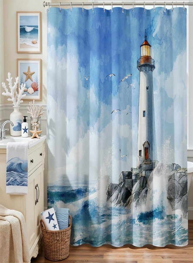 Mocsicka Lighthouse Shower Curtain Nautical Coastal Lighthouse Bathroom Shower Curtain Seaside Sea Waves Nautical Waterproof Fabric Shower Curtains Bathtub Decor with 12 Hooks 72 X 72 Inch - Image 2