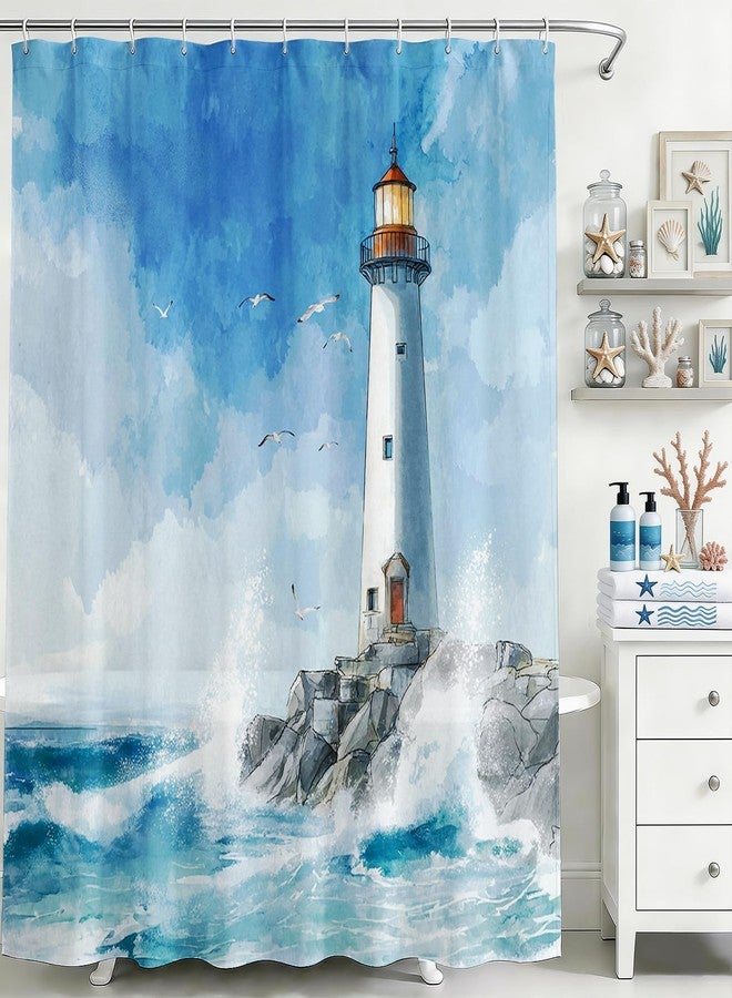 Mocsicka Lighthouse Shower Curtain Nautical Coastal Lighthouse Bathroom Shower Curtain Seaside Sea Waves Nautical Waterproof Fabric Shower Curtains Bathtub Decor with 12 Hooks 72 X 72 Inch - Image 1