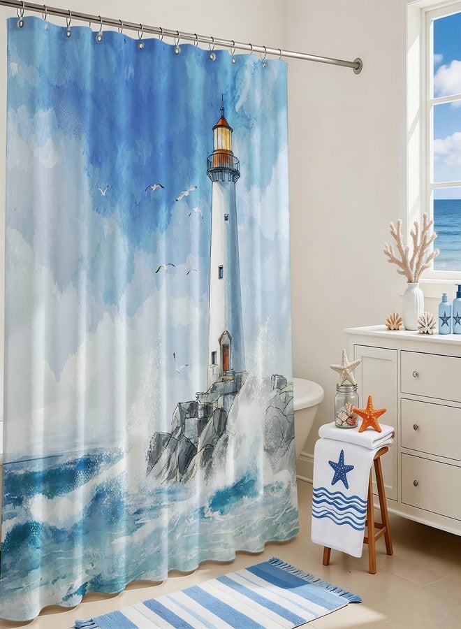 Mocsicka Lighthouse Shower Curtain Nautical Coastal Lighthouse Bathroom Shower Curtain Seaside Sea Waves Nautical Waterproof Fabric Shower Curtains Bathtub Decor with 12 Hooks 72 X 72 Inch - Image 3