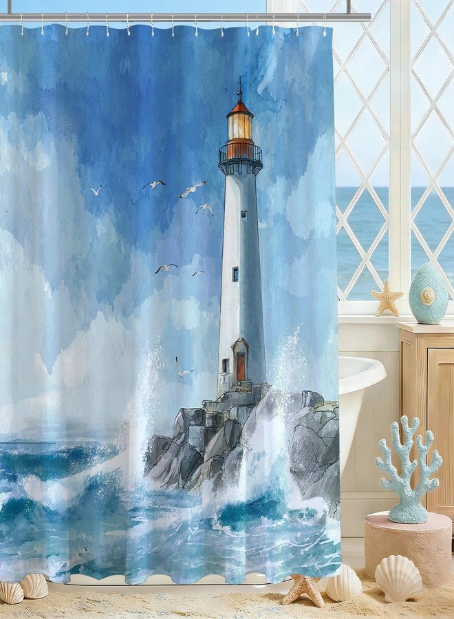 Mocsicka Lighthouse Shower Curtain Nautical Coastal Lighthouse Bathroom Shower Curtain Seaside Sea Waves Nautical Waterproof Fabric Shower Curtains Bathtub Decor with 12 Hooks 72 X 72 Inch - Image 4