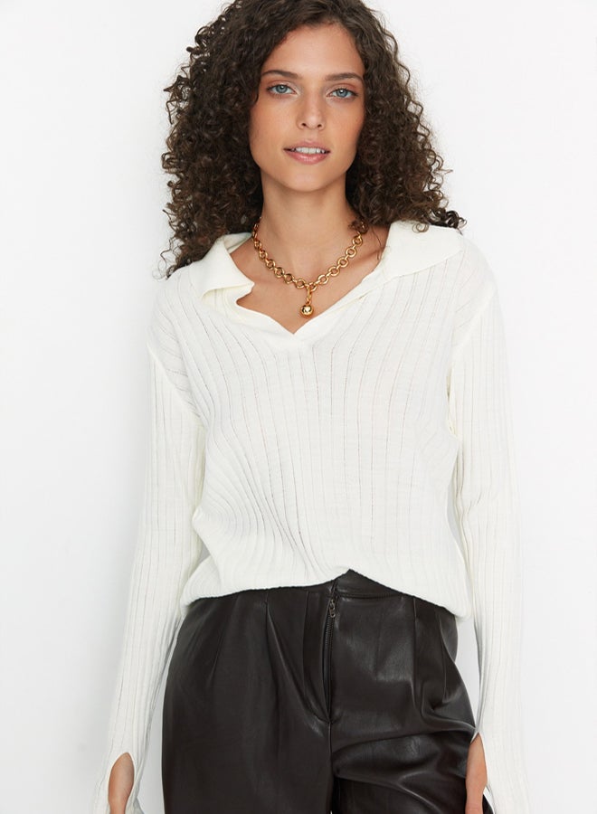 trendyol Ecru Sleeve Detailed Polo Neck Knitwear Sweater TWOAW21KZ1113 - Image 3
