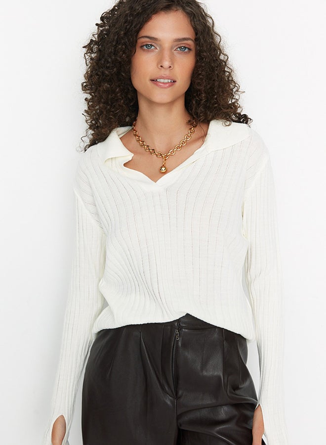 trendyol Ecru Sleeve Detailed Polo Neck Knitwear Sweater TWOAW21KZ1113  - Image 3
