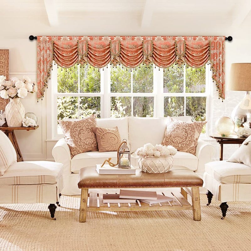 ELKCA Damask Coffee Jacquard Swag Waterfall Valance for Bedroom Curtain Valance for Living Room Kitchen ValanceRod Pocket W138 Inch1 Panel