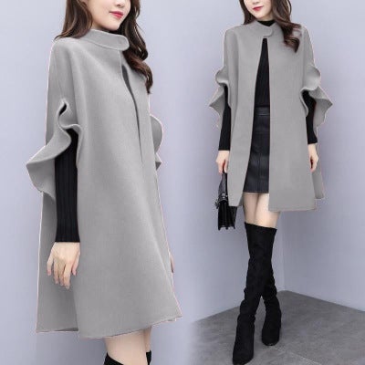 New 2021 Womens plus Size Woolen Coat A- Line Cloak Medium Length British Style Thickened Winter Outerwear for Plump MM Black  - Image 2
