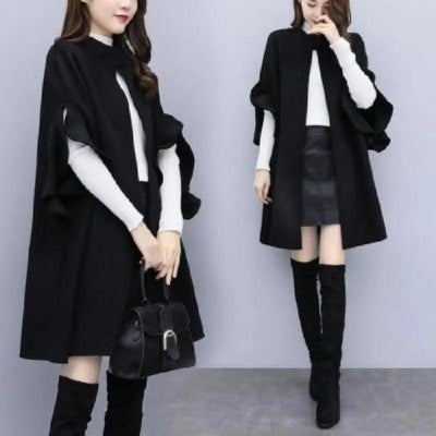 New 2021 Womens plus Size Woolen Coat A- Line Cloak Medium Length British Style Thickened Winter Outerwear for Plump MM Black  - Image 1