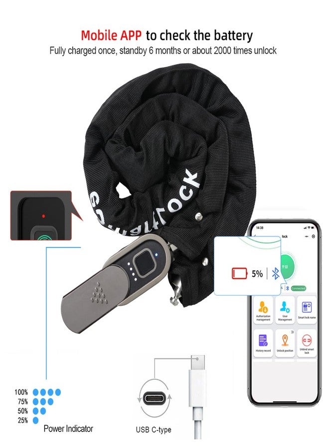 Elinksmart Chain Lock with Key eLinkSmart Waterproof Bicycle 100CM Chain Lock for Bike Scooter Motorcycle Door Fence Gate Fingerprint Bluetooth App Heavy Duty Outdoor Security - Image 4