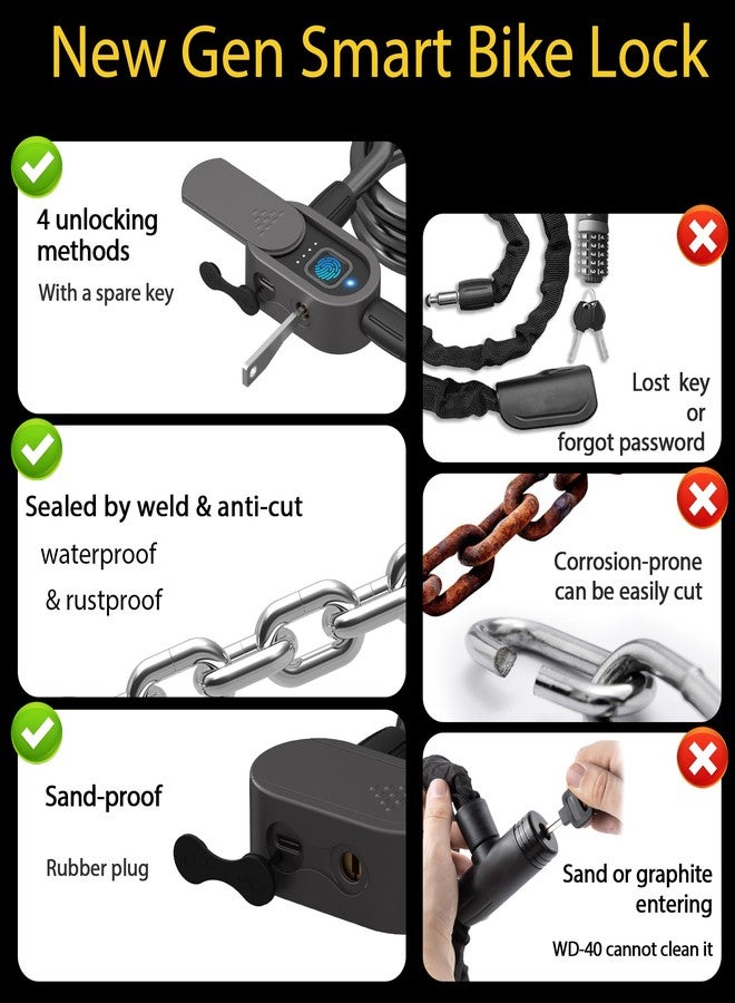 Elinksmart Chain Lock with Key eLinkSmart Waterproof Bicycle 100CM Chain Lock for Bike Scooter Motorcycle Door Fence Gate Fingerprint Bluetooth App Heavy Duty Outdoor Security - Image 3