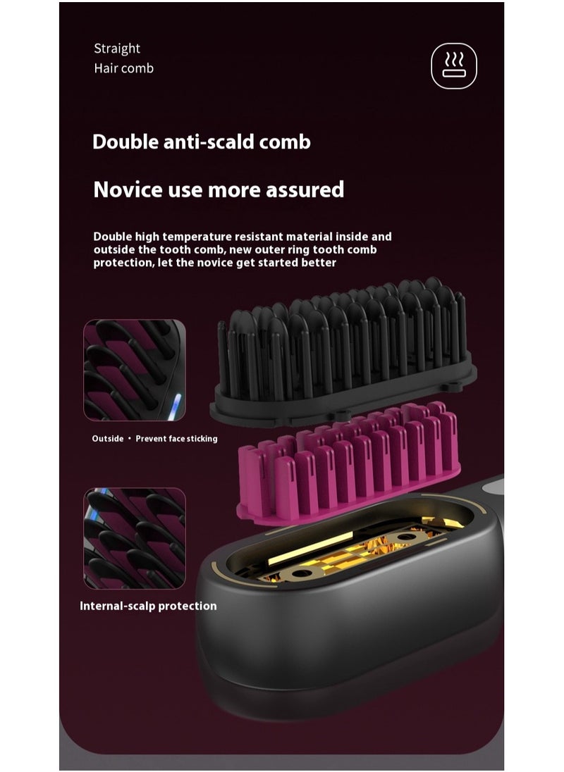 Wireless Hair Brush, Ceramic Coating Portable Hair Straightener Hot Comb Negative Ion Hair Comb for 4 Temperature Settings USB Rechargeable