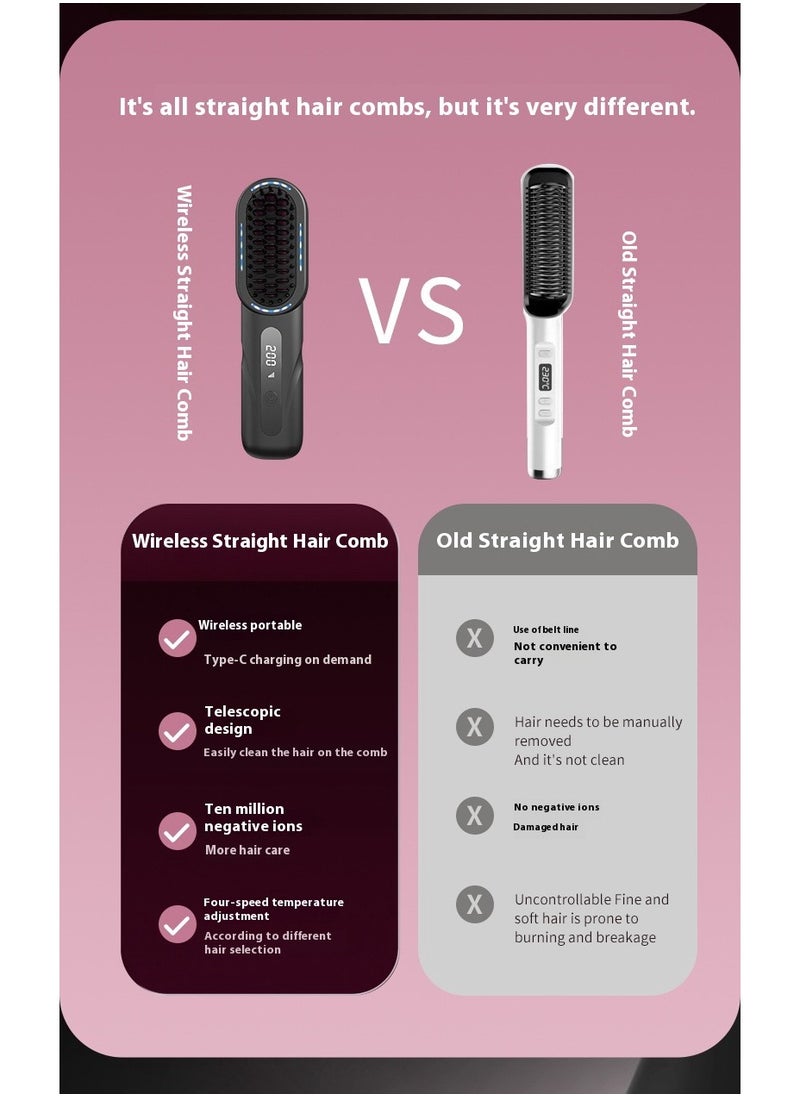 Wireless Hair Brush, Ceramic Coating Portable Hair Straightener Hot Comb Negative Ion Hair Comb for 4 Temperature Settings USB Rechargeable