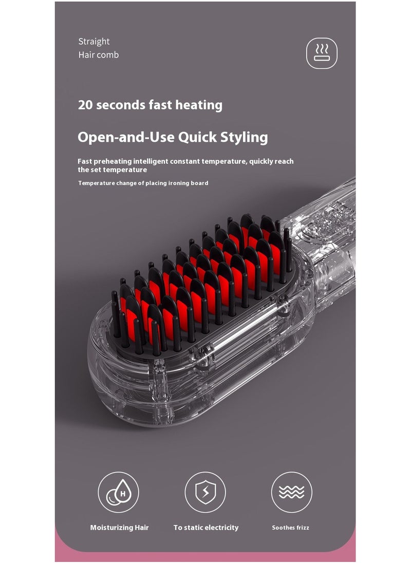 Wireless Hair Brush, Ceramic Coating Portable Hair Straightener Hot Comb Negative Ion Hair Comb for 4 Temperature Settings USB Rechargeable