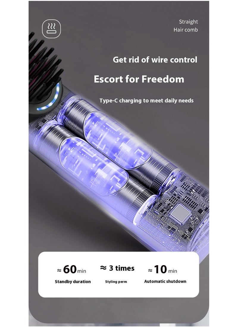 Wireless Hair Brush, Ceramic Coating Portable Hair Straightener Hot Comb Negative Ion Hair Comb for 4 Temperature Settings USB Rechargeable