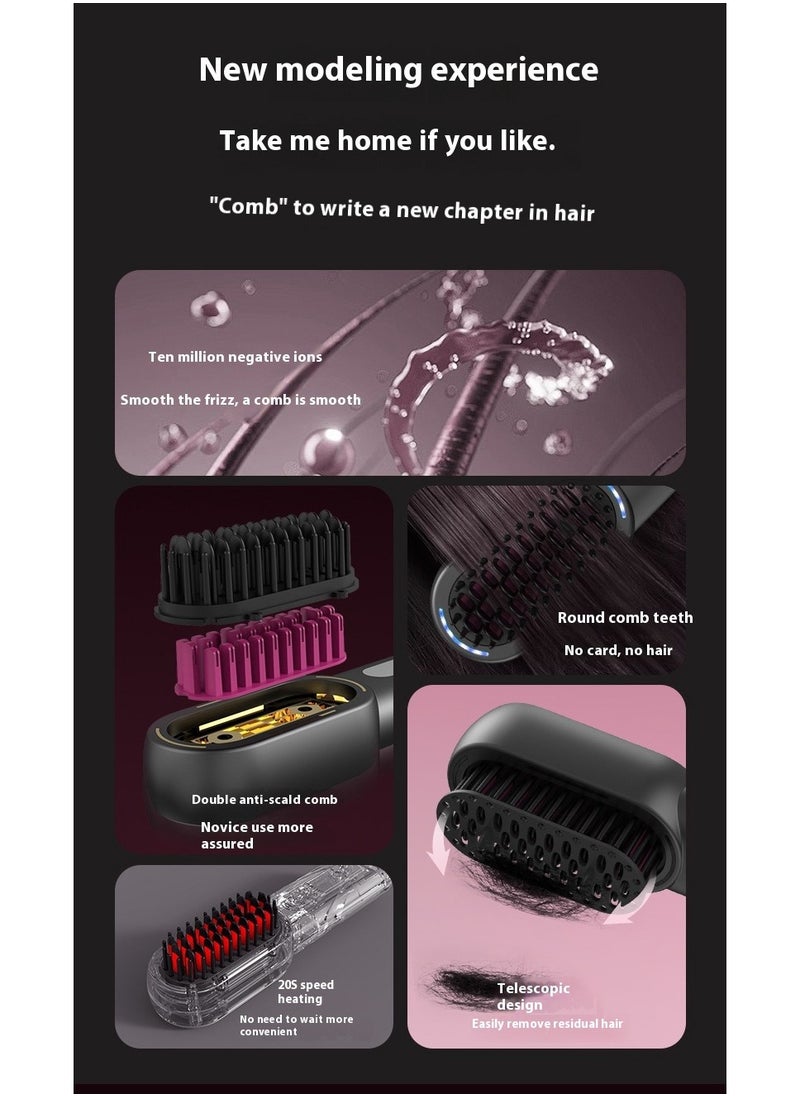 Wireless Hair Brush, Ceramic Coating Portable Hair Straightener Hot Comb Negative Ion Hair Comb for 4 Temperature Settings USB Rechargeable
