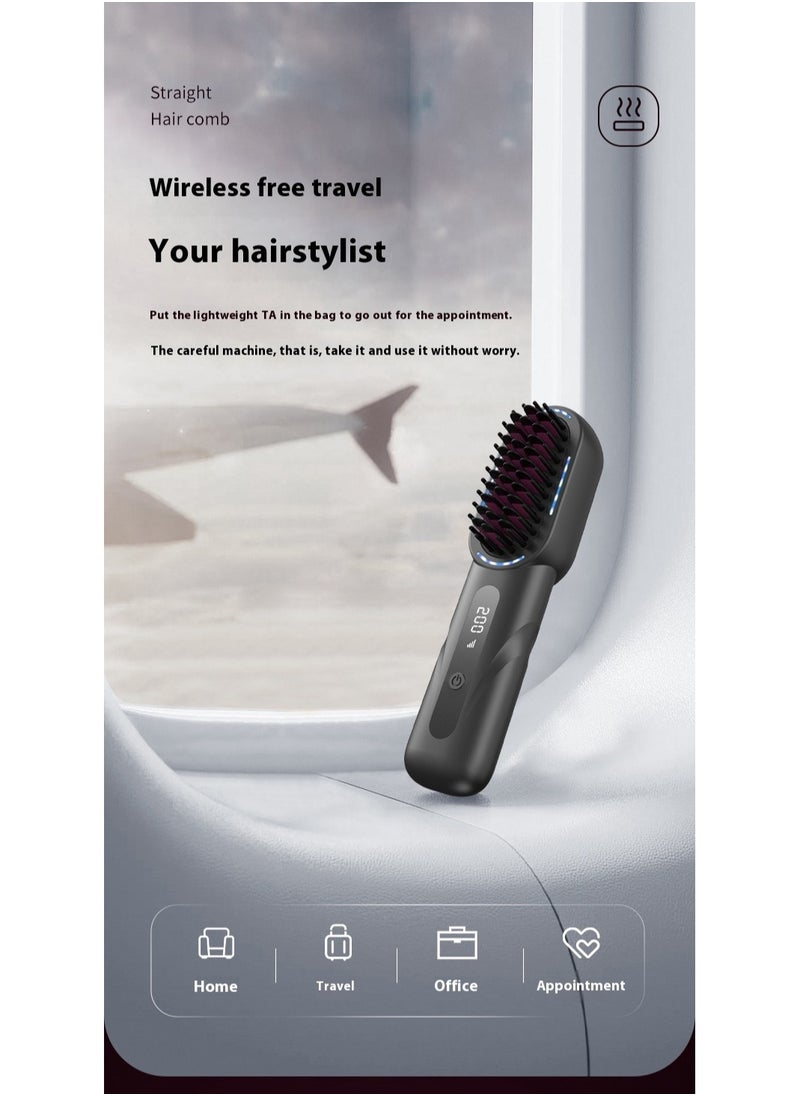 Wireless Hair Brush, Ceramic Coating Portable Hair Straightener Hot Comb Negative Ion Hair Comb for 4 Temperature Settings USB Rechargeable