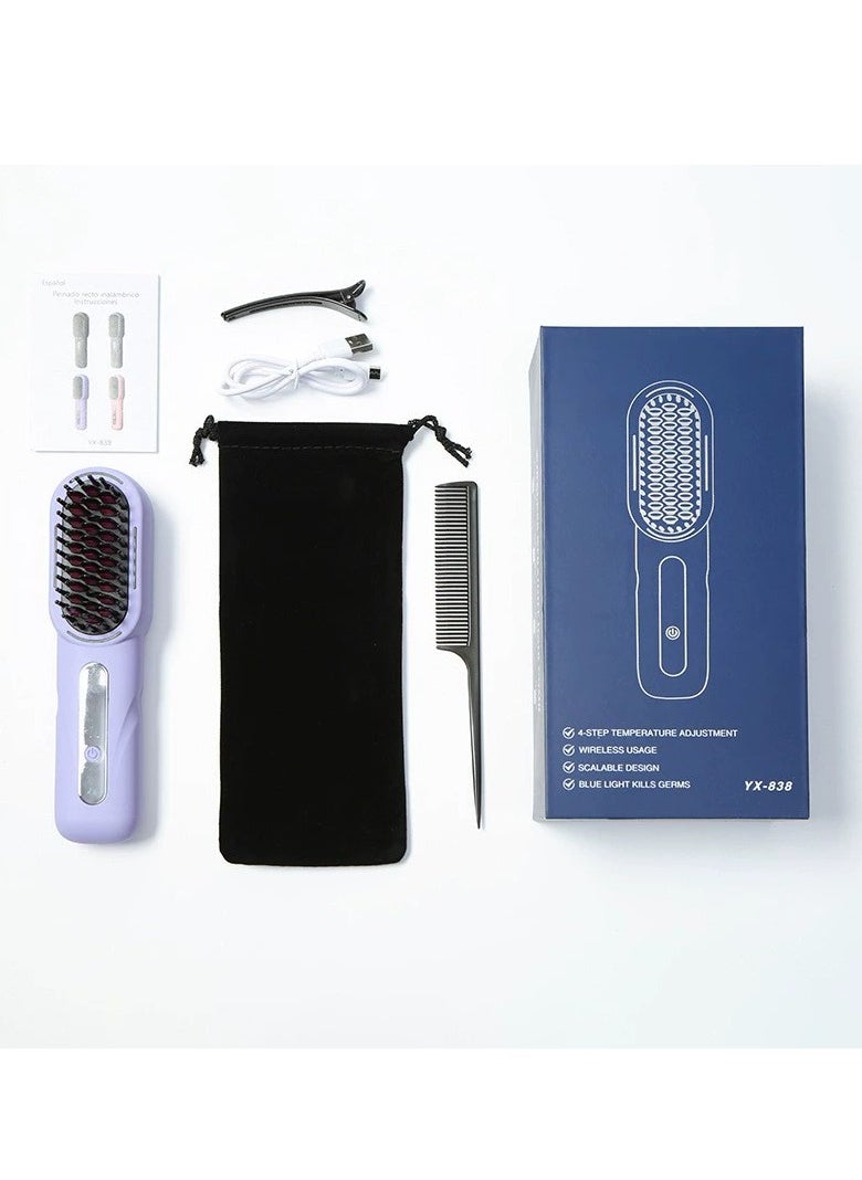 Wireless Hair Brush, Ceramic Coating Portable Hair Straightener Hot Comb Negative Ion Hair Comb for 4 Temperature Settings USB Rechargeable