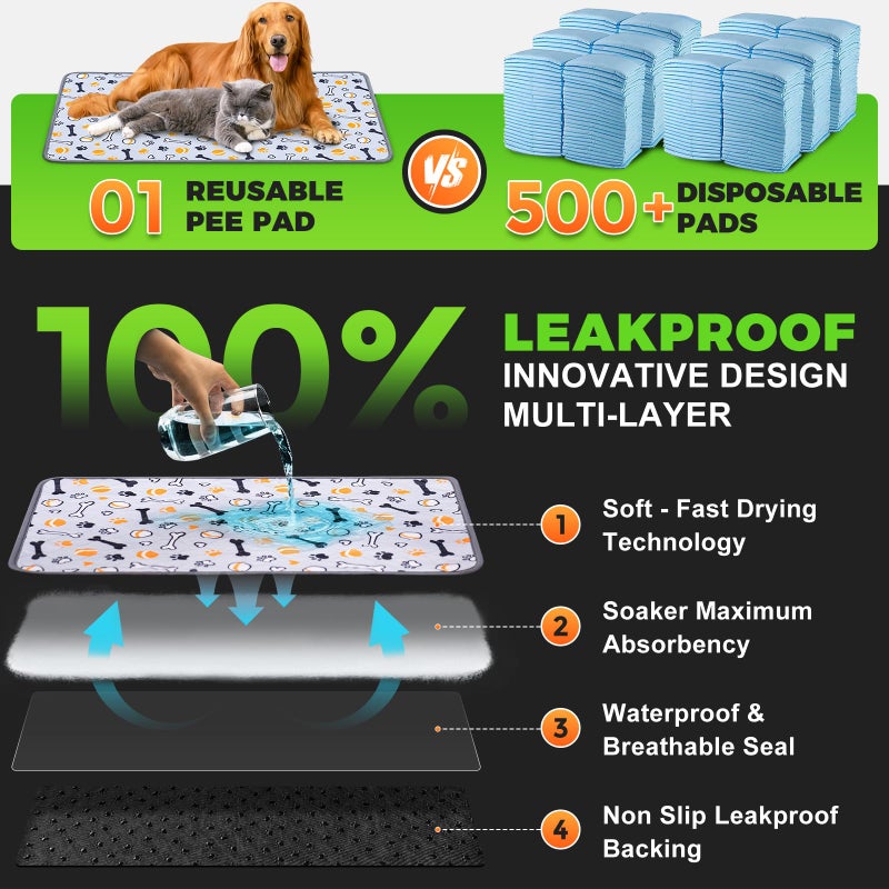 Hompet Washable Pee Pads for Dogs, 34"x21", 2-Pack Thick Heavy Absorbency Reusable Pee Pads Prevent Leakage Non-Slip, Pet Training Pads for Puppy Playpen, Crate, Potty, Floor, Bed, Sofa - Image 2