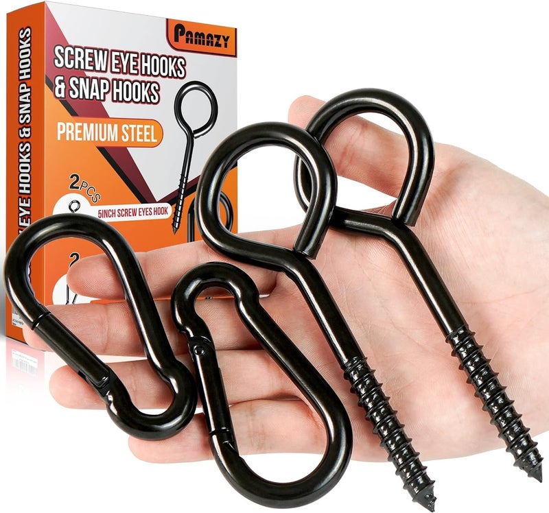 2PCS 5Inch Plated Screw Eyes Hook 2PCS 8MM Snap Hooks Heavy Duty Screw in Eye Hooks for Securing Cable Wires Hammock Stand Indoor Outdoor Use