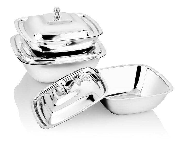 Dynore Stainless Steel Square Shape Serving Bowls with SS Lid 380 550 and 750 ml Set of 3 Pcs - Image 1